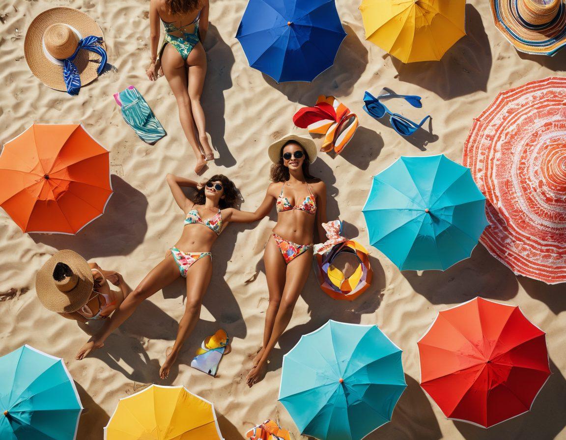 A sun-kissed beach scene featuring a diverse group of stylish individuals flaunting the latest swimwear and beachwear. Include vibrant beach umbrellas, playful waves, and a clear blue sky. Capture a sense of fun and confidence with models demonstrating different swimwear trends, accessories like sunglasses and hats. The scene should exude summer vibes with floral patterns and bright colors. vibrant colors. super-realistic. cheerful atmosphere.